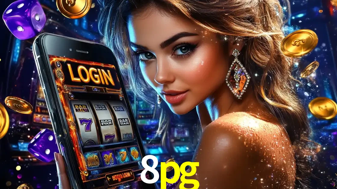 Mulher glamorosa segurando um smartphone com a tela de login para os jogos de caça-níqueis do cassino online 8pg, com moedas de ouro e dados ao redor.
